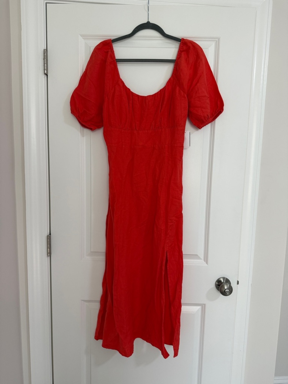 LOFT Bright Coral Puff-Sleeve Midi Dress